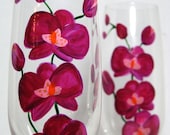 Crystal Champagne Flutes- Fushia Orchids