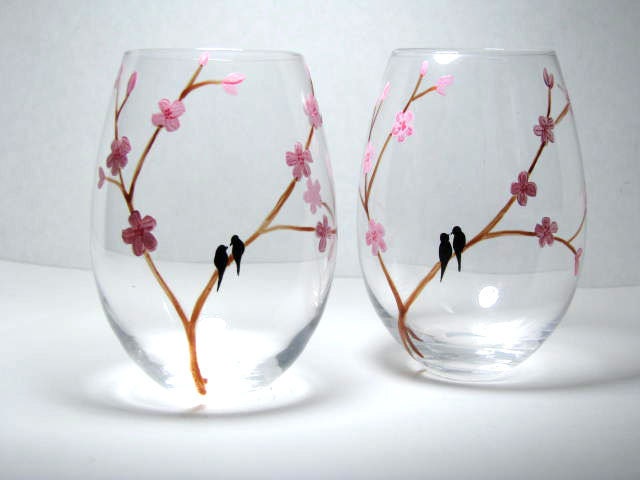 Painted Wine Glasses- Birds on Cherry Blossom Branch, Set of 2