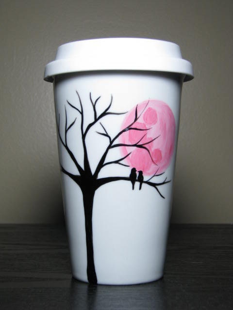 Painted Travel Coffee Mug- Birds Enjoying Pink Moon, Eco-Friendly