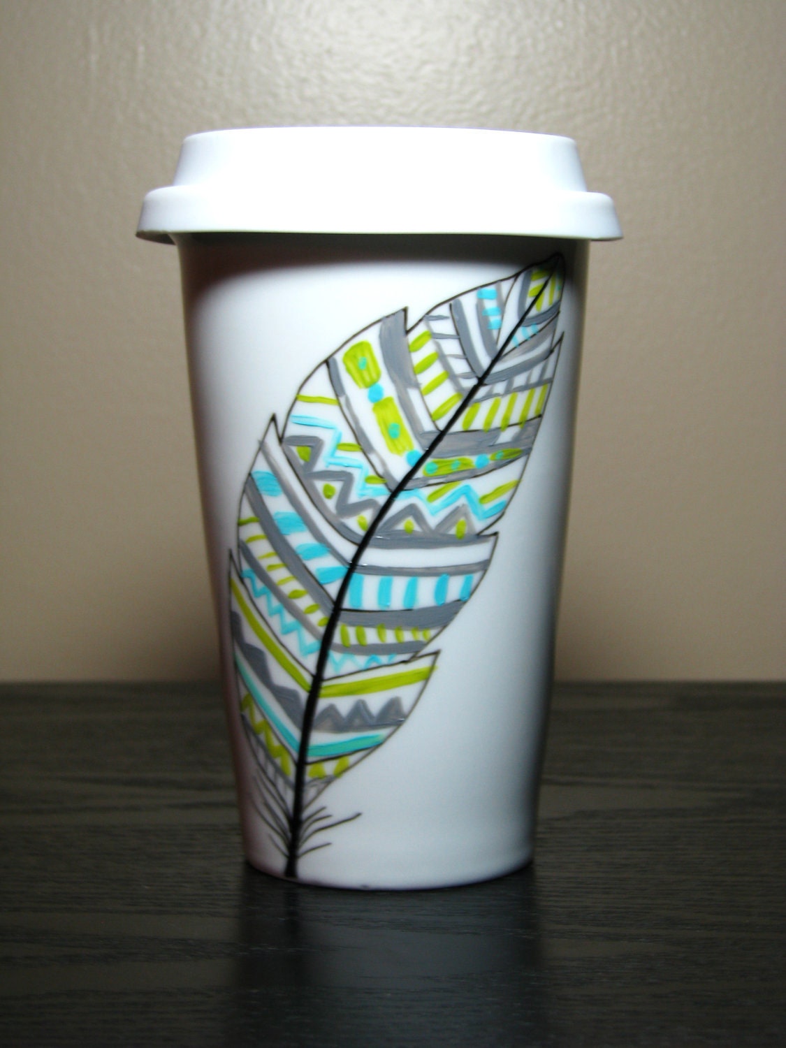 Painted Travel Coffee Mug- Navajo Feather, Eco-Friendly