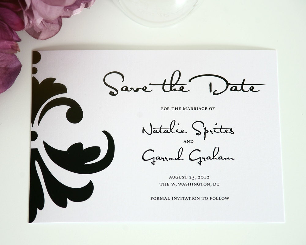 Modern Damask Wedding Save the Date Card in Black and White, Unique Stylish Design and Funky Script Font - Damask Accent Sample