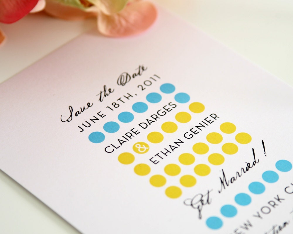 Retro Polka Dot Save the Date Card in Blue and Yellow for a Mod 1950s, 1960s or Modern Wedding - Modern Circles Deposit