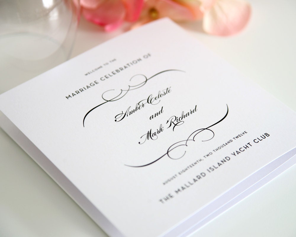 French Romance Tri Fold Ceremony Program Sample in Black and White on Pearl Shimmer Luxury Cardstock