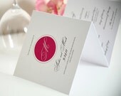 Circle Monogram Tri Fold Wedding Programs Sample in Fuchsia on Pearl Shimmer Luxury Cardstock