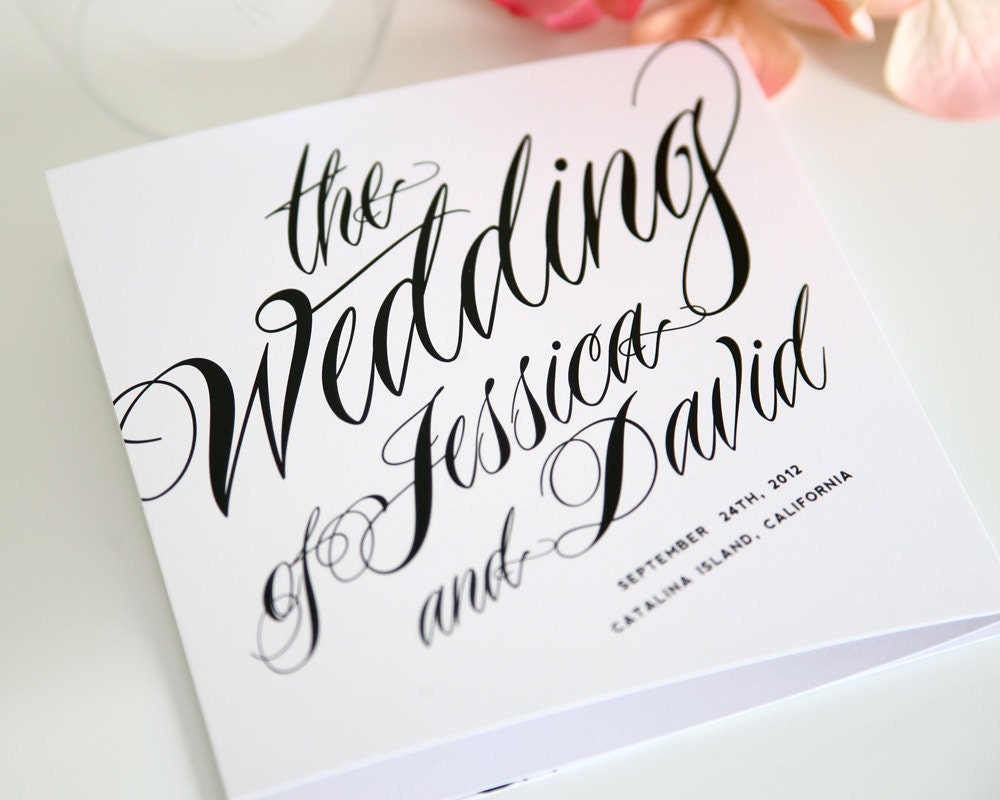 Ravishing Script Tri Fold Wedding Programs Sample in Black and White on Pearl Shimmer Luxury Cardstock - shineinvitations