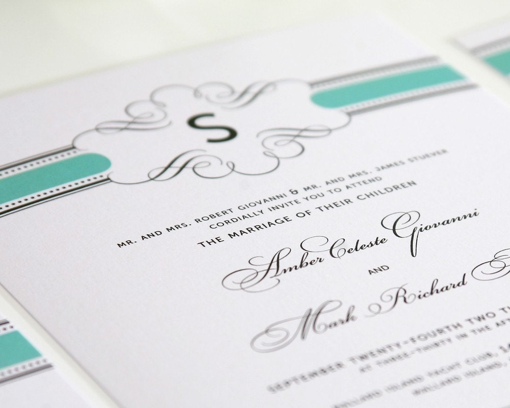 Vintage Wrap Wedding Invitations Sample in Aquamarine on Pearl Shimmer Luxury Cardstock