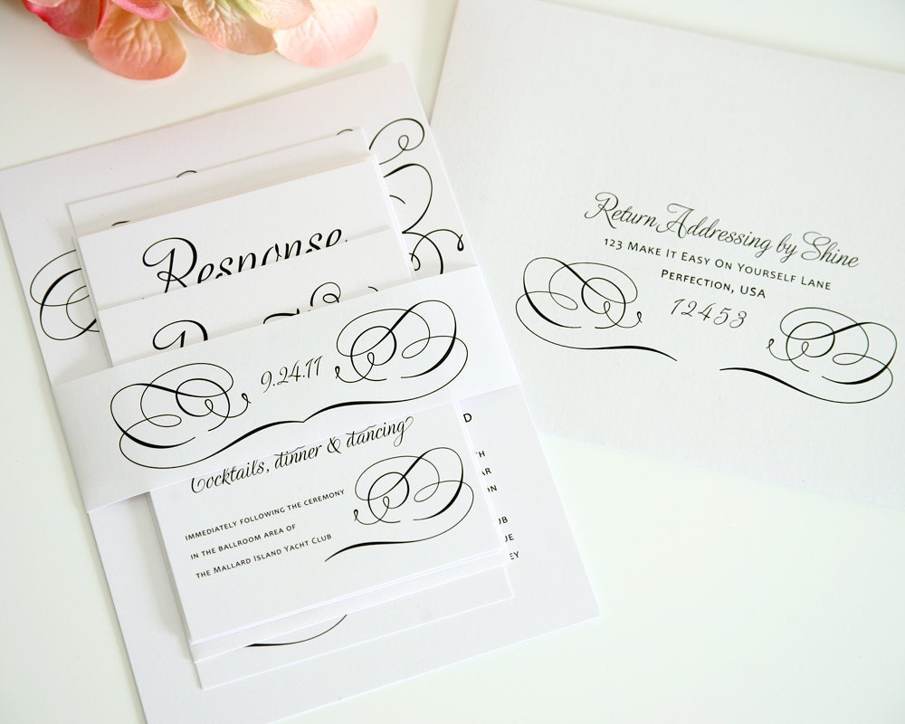 Romantic Wedding Invitation Set in Black and White on Pearl Shimmer Luxury Cardstock - Charming Script Sample