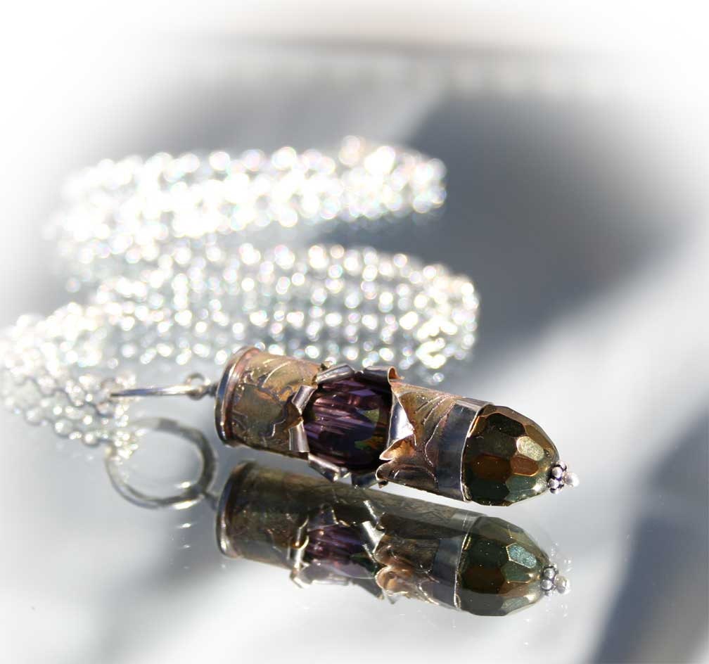 Bullet Necklace, Nickel Plated Brass Casing, Unusual, Dogwood Etched, Crystals, Sterling Silver, Colt 45