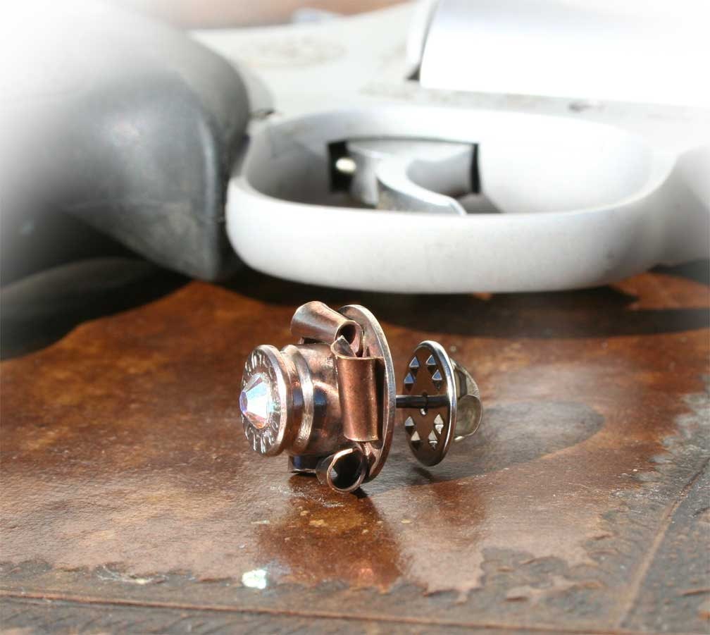 Bullet Tie Tack, Lapel Pin, Brass or Nickel Luger 9mm, Rosettes, Swarovski Crystals