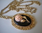 Vintage 70s Avon Pink Rose Cameo & Mirror Pendant/ Long Necklace