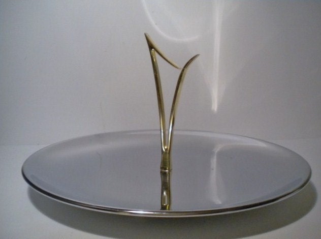 Vintage Mid Century Modern Stainless Serving Tray with Atomic Brass Handle