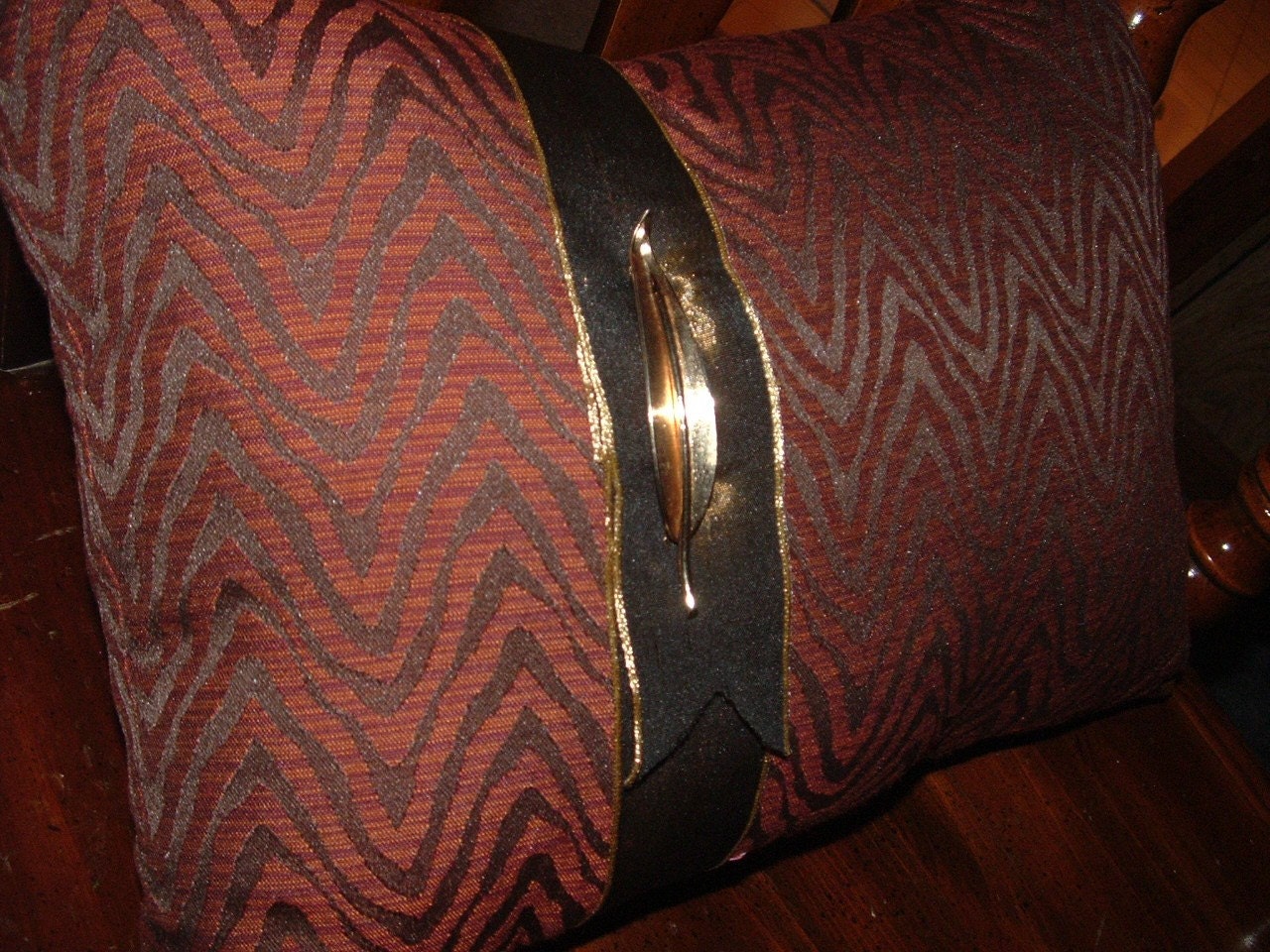 Handmade Pillow  with Satin Ribbon and Vintage Leaf Brooch