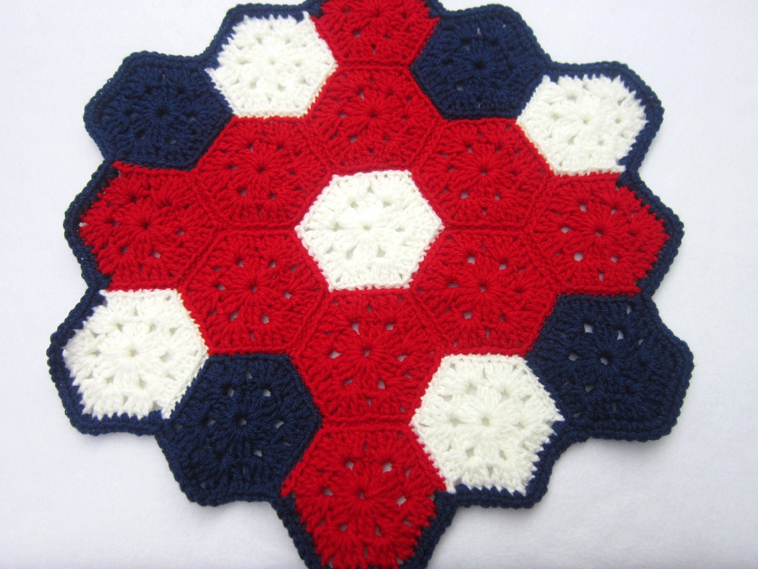 Doily Granny Hexagons Set of Two Crocheted in Patriotic Colors Red White and Blue Placemats Table Runners