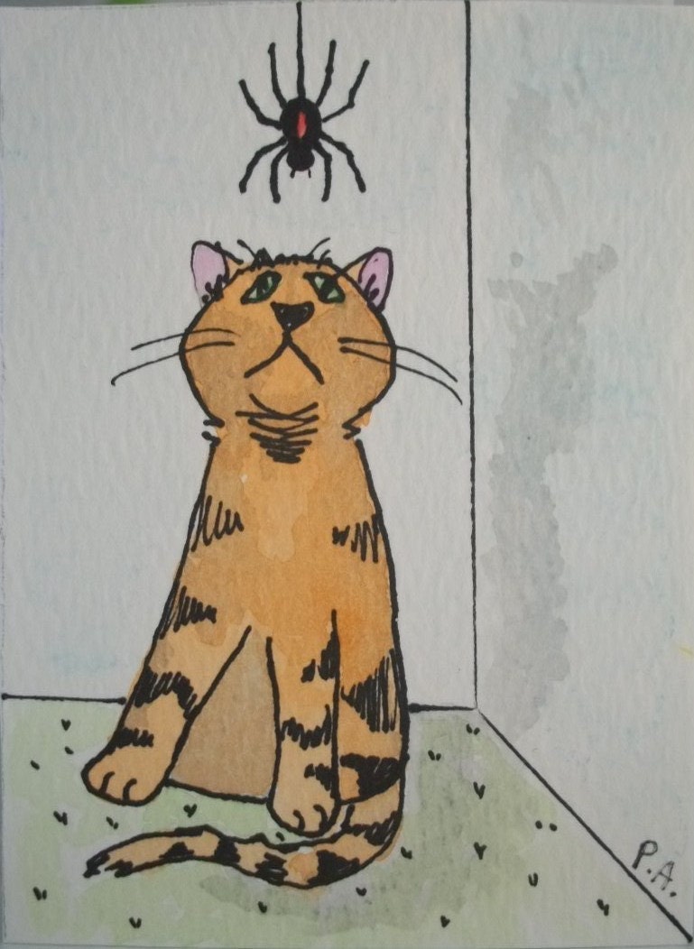Cat and Spider Aceo 03 - Original Watercolor - UH OH