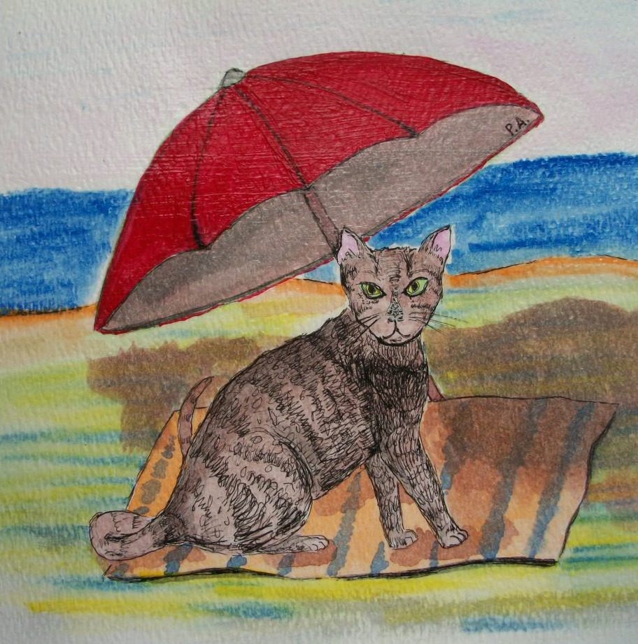 Cat Art "Beach Cat" - Original Cat Painting 6 x 6 in