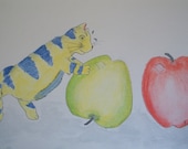 Cat Watercolor - "Cat Pushing"  an Apple - Original 5 x 8
