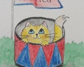 Cat Art - "Cat-det Drummer" - Original Watercolor Pencil ACEO