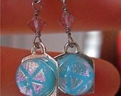 Baby blue and violet pink dichroic glass, chalcedony, and Swarovsky crystal dangle earrings