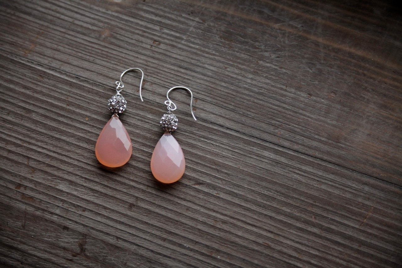 Pink Jade and Pave Rhinestone Bling Ball Sterling Silver Earrings