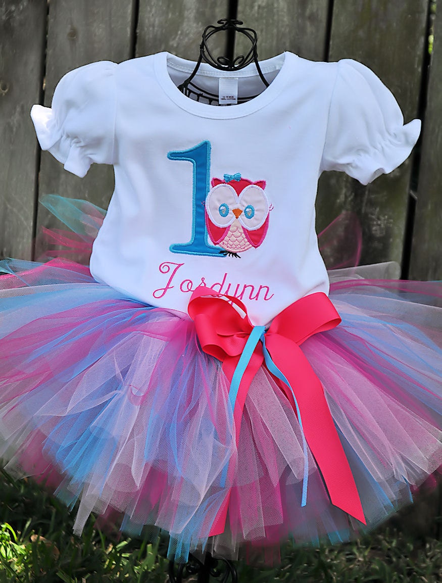Owl Birthday Tutu Outfit Turquoise  and Pinks