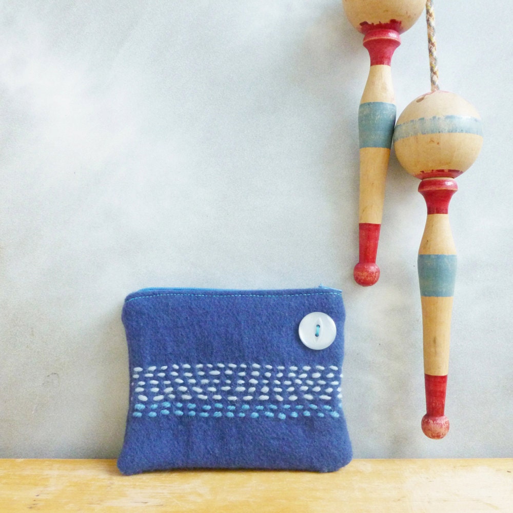Blue Coin Purse - Recycled / Upcycled Felted Wool - Royal Blue with Embroidered Stripe Design
