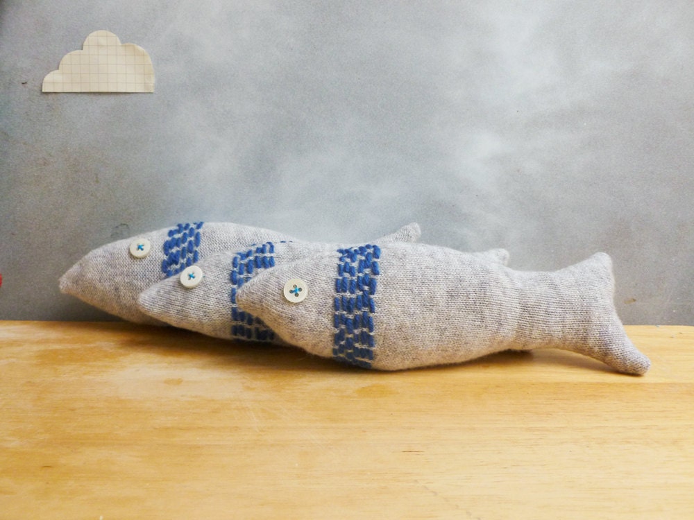 Plush Fish Ornaments - Bathroom decor - Upcycled Wool in Grey & Blue Embroidered Stripe - Set of 3