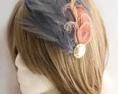 Pink peacock feather derby fascinator with gray feather backing -  AGATHA design - CHOOSE headband, comb, or hair clip