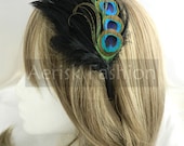 Peacock feather fascinator with BLACK feather backing - AGNES design - CHOOSE headband, comb, or hair clip