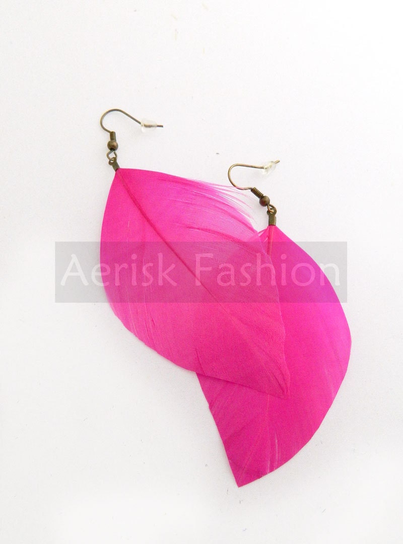 FUCHSIA pink feather earring - Leaf shaped goose feather attached hook earring