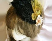 Derby feather fascinator - Black feather layered with Lime Green peaock feathers - MONA design - CHOOSE headband, hair clip, and comb