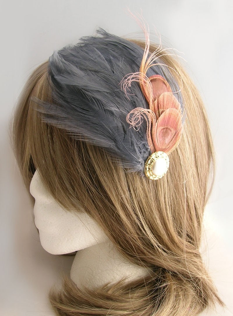 Pink peacock feather derby fascinator with gray feather backing - AGATHA design - CHOOSE headband, comb, or hair clip