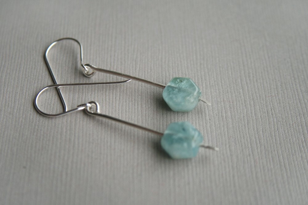 Hexagon Aquamarine Drop Earrings - Sterling Silver March Birthstone