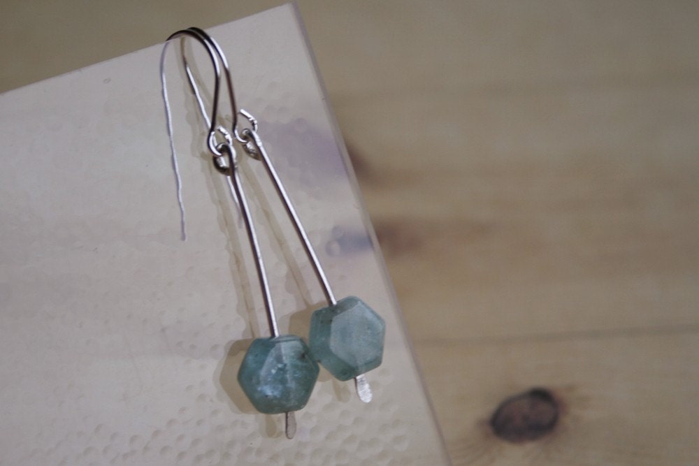 Hexagon Aquamarine Drop Earrings - Sterling Silver March Birthstone
