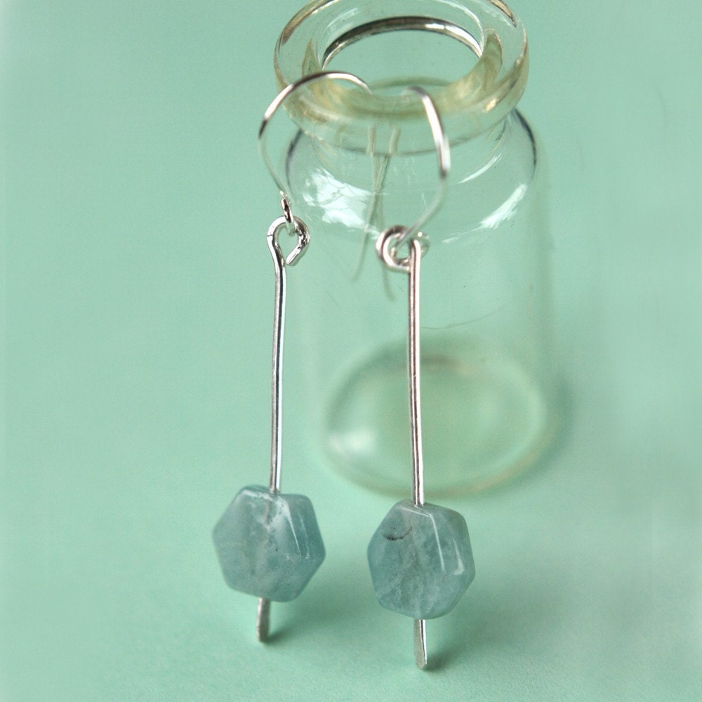 Hexagon Aquamarine Drop Earrings - Sterling Silver March Birthstone
