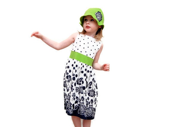 Childrens clothing,  girls dress, white, navy, spring green, polka dot, floral, Easter dress, Flower girl, retro (2T, 3T, 4T, 5, 6, 7)