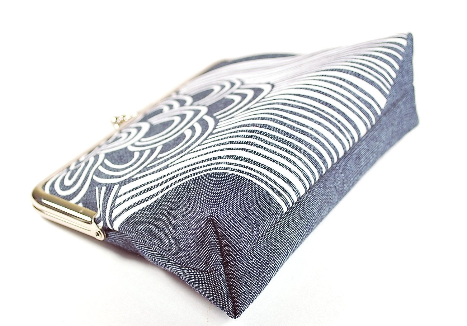 Denim kiss lock purse with mid-century styled screenprint pattern