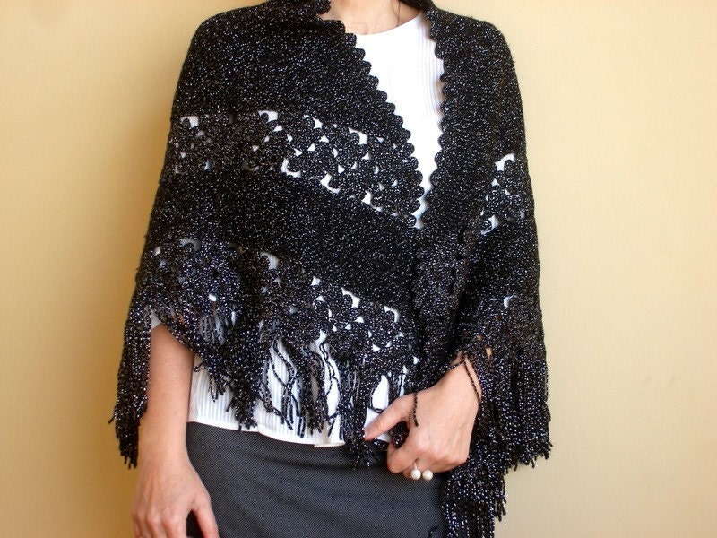 Knit Crochet Black Sparkle Shawl Poncho Shoulder Wrap Women Fashion
