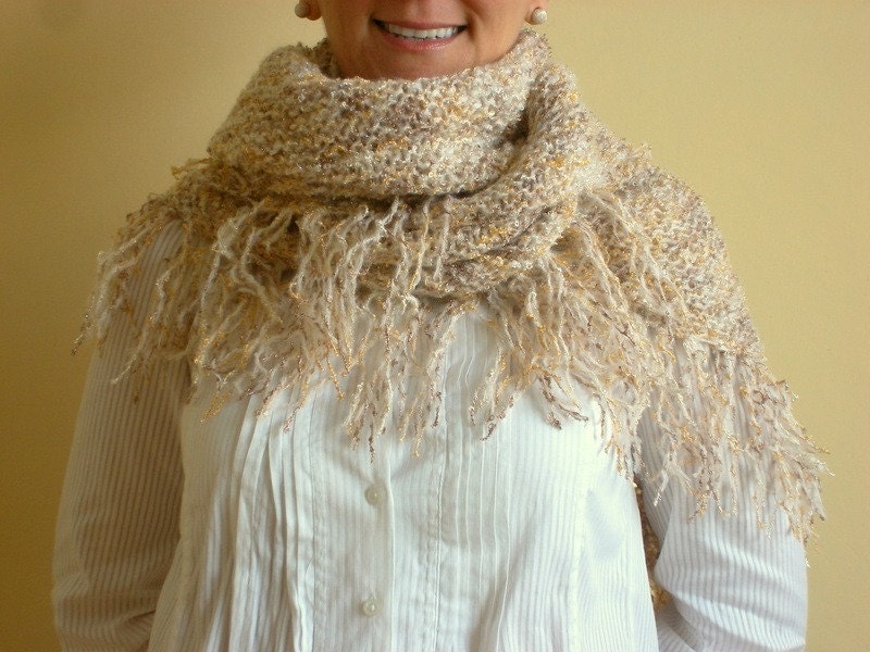 Hand Knitted  Shawl Capelet  Beige Light Brown