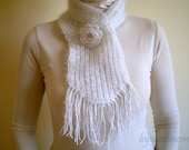 Knit White Scarf with Crochet Flowers, Cozy Warm, Gift for her