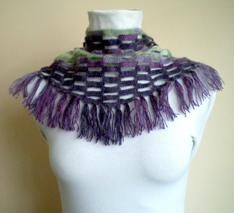 Boho Chic Fringed Scarf, Purple Lilac Green Blended Scarflette, Cowl Crochet Neckwarmer  Fall Winter Accessory