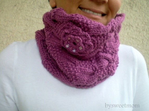 Purple Cowl with Beaded Flower, Chunky Neckwarmer