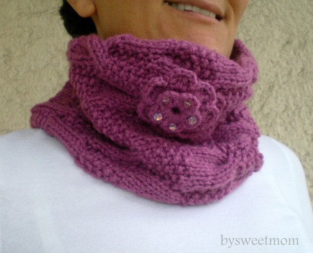 Purple Cowl with Beaded Flower, Chunky Neckwarmer