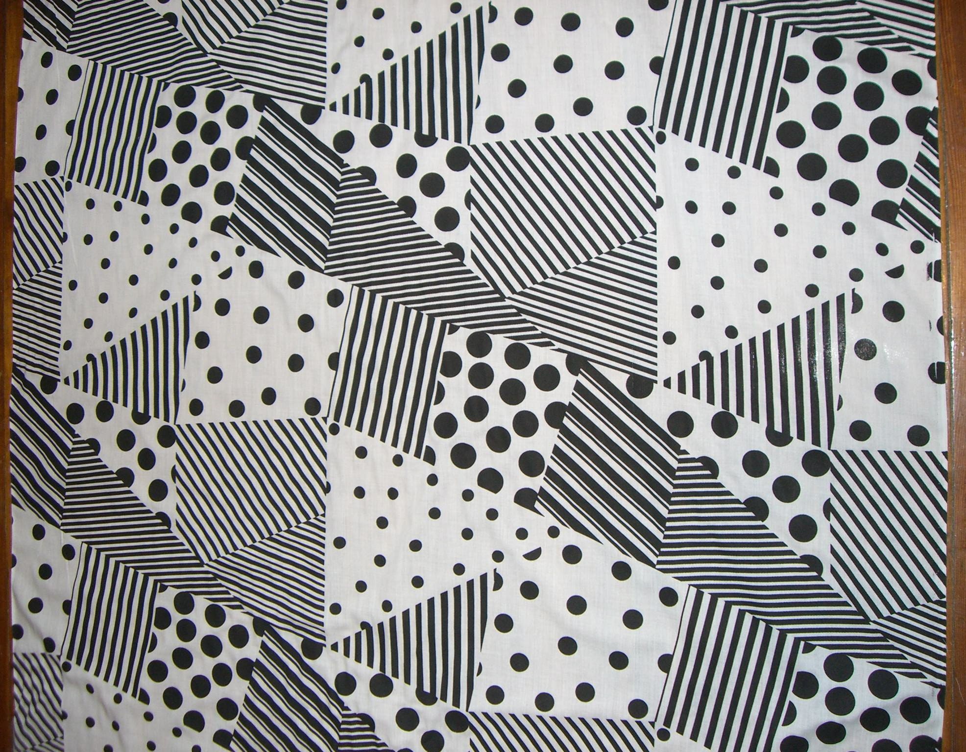 SALE. Was 5.95.  80's Funky Black and White, Polka Dot and Stripe fabric yardage, rare to find.