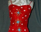 SALE  was 74.95.  Red Embroidered Georgette and Taffeta formal Dress.    A Designers Den handmade original.  FREE domestic shipping