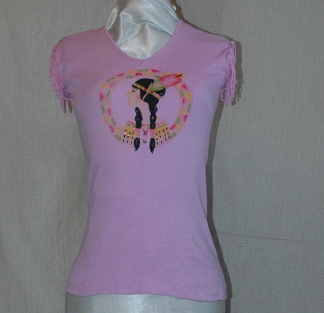 SALE WAS 11.95. Pink Pocahontas Beaded and Tasseled Sleeveless T-Shirt. Designers Den vintage overstock, never worn. FREE domestic shipping.