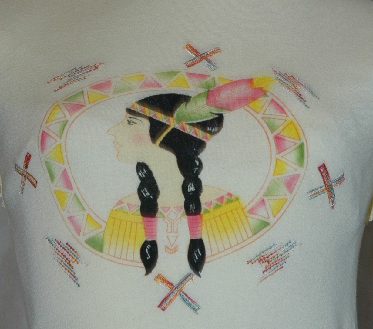 SALE WAS 11.95. Light Yellow Pocahontas Embroidered  and Tasseled  Cap Sleeve T-Shirt. Vintage overstock. FREE domestic shipping.