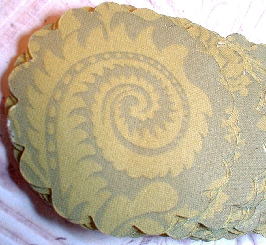 2 dz. - 2 inch assorted scalloped rounds - Lime Scroll Damask