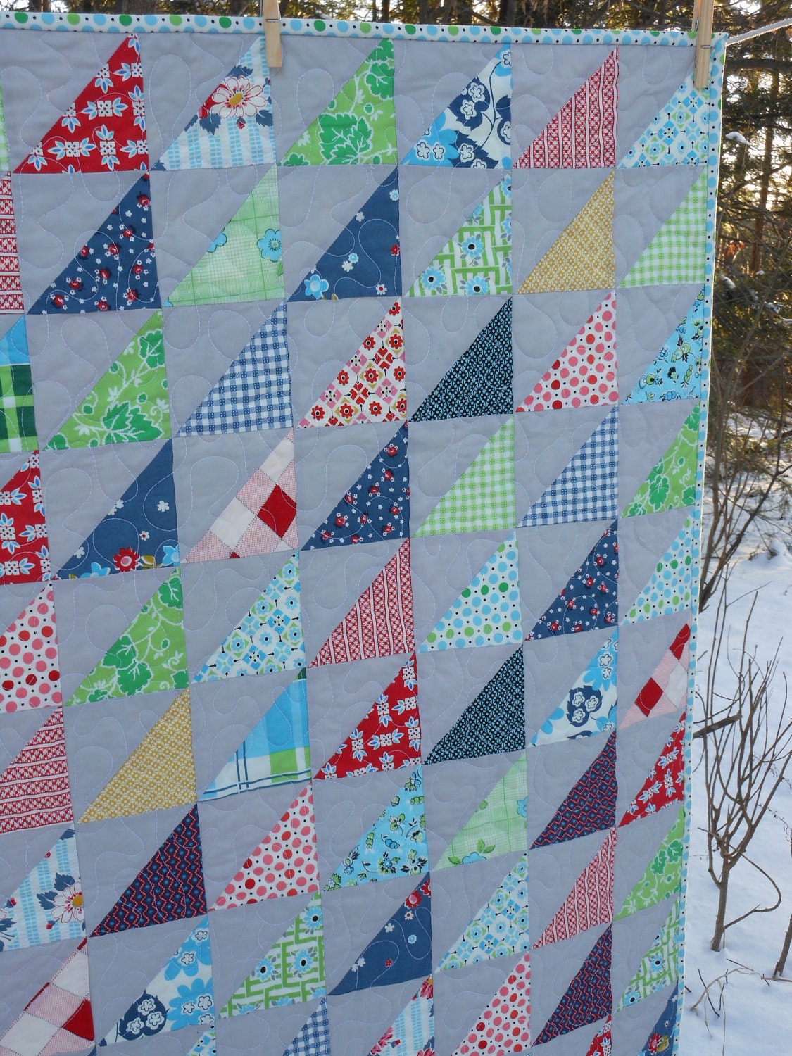 Triangle Patchwork Modern Baby or Lap Quilt in Picnic Fairgrounds Fabrics -- red, blue, green, yellow, gray