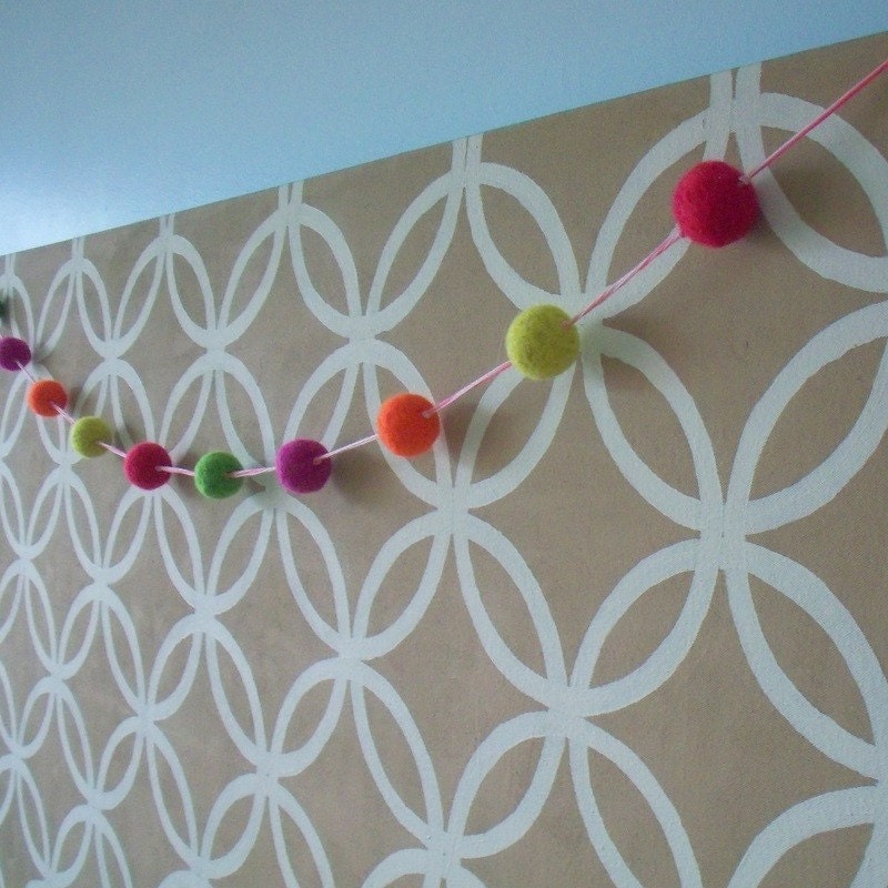Pom pom garland banner. 10 wool balls.  Rainbow bright colors.  Pennant. Wall hanging, decoration.