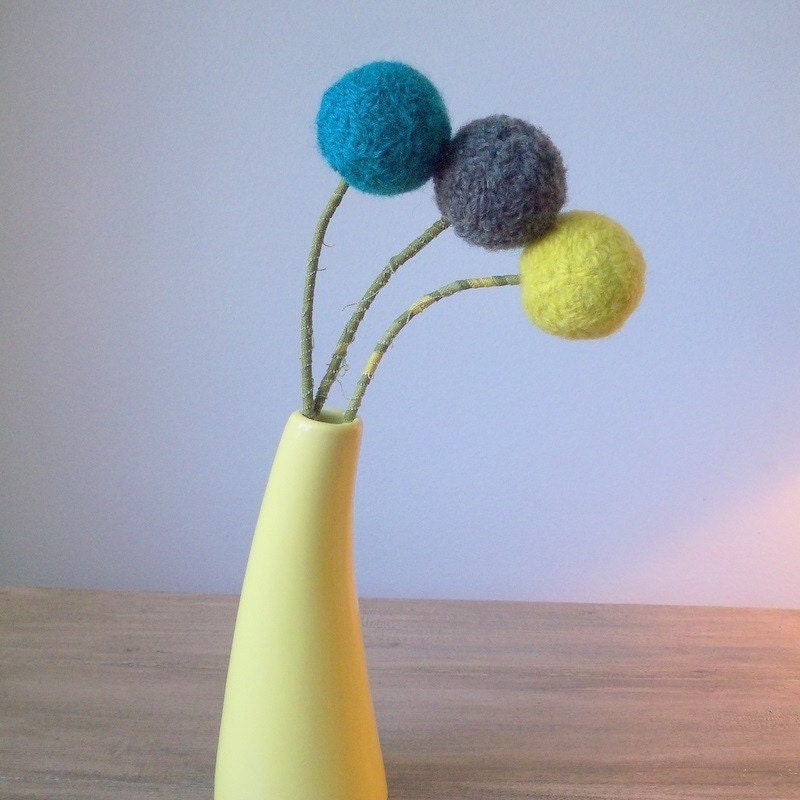 Large felt flowers.Pom pom flower bouquet. Modern floral. Needle felted decor. Grey, turquoise, and lemongrass.Centerpiece.Big blooms.